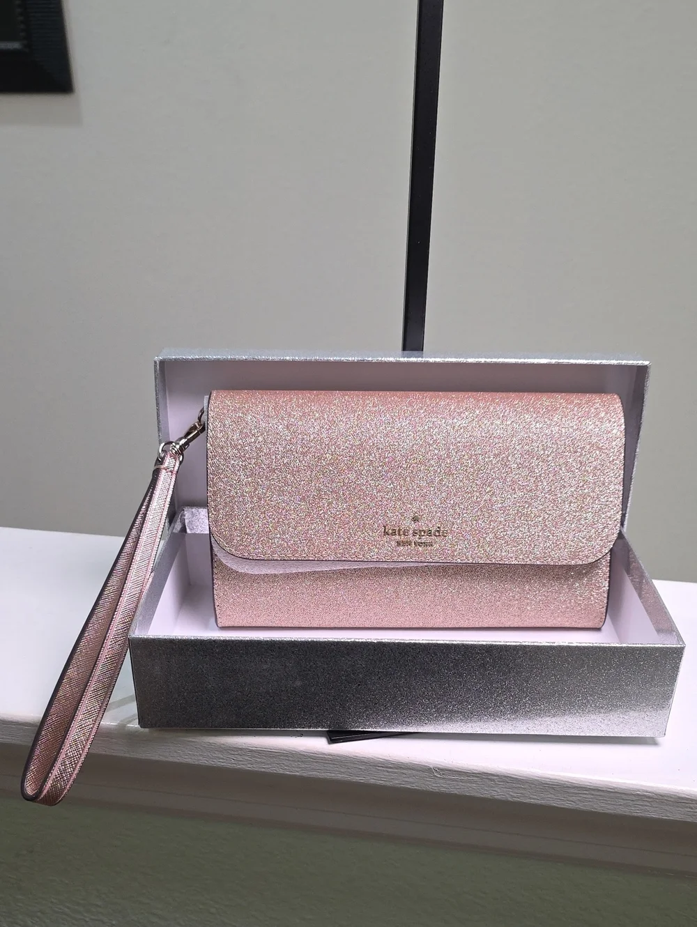Kate Spade New In Box Rose Gold Glitter Medium Flap Phone Wristlet NWT